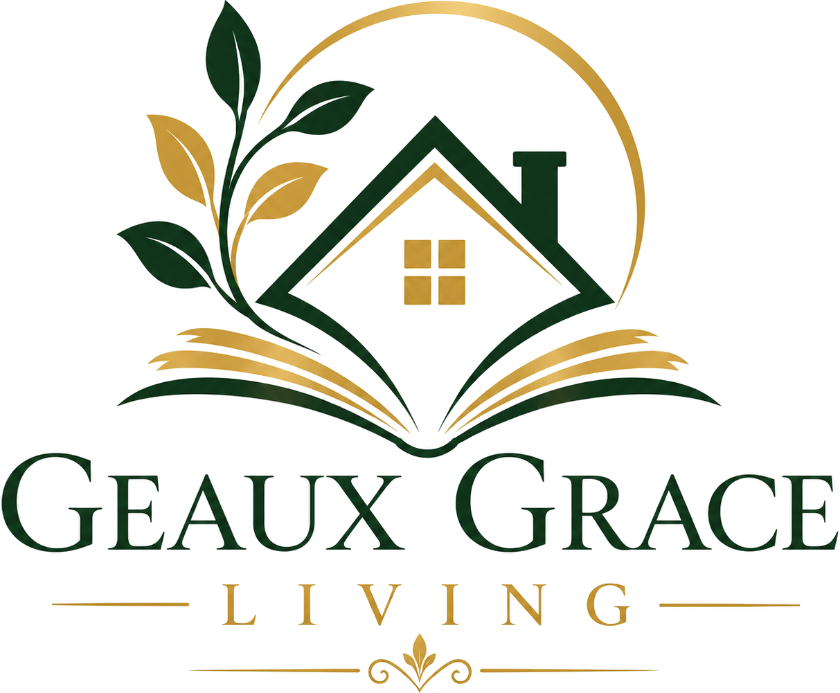 Geaux Grace Living logo — a home, a growing branch, and an open book